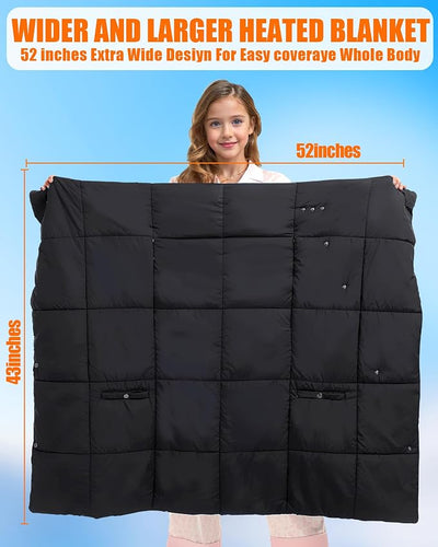 Kids Heated Blanket Battery Powered - 52x43 in Portable Wireless Cordless Throw Electric Rechargeable Heating Blanket, Upgraded 7.4V Battery Pack Heating Element (Black)