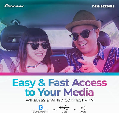 Pioneer DEH-S6220BS 1-Din CD Receiver – Bluetooth, SiriusXM, USB/AUX, Color Change, FLAC, AM/FM, Detachable Face, 13-Band EQ, 50W x 4, Voice Control, Hi-Volt RCA Preouts