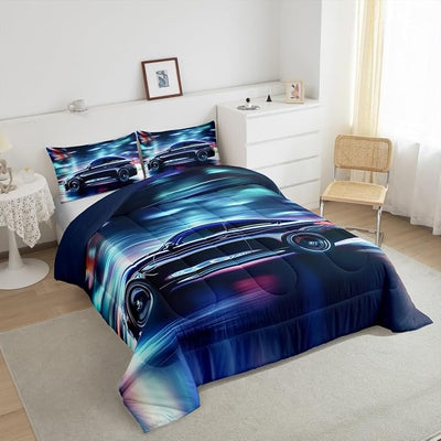 Erosebridal Teens Race Car Comforter Set Twin Size, Speed Sports Car Down Comforter for Kids Boys Girls Youth Bedroom, Cool Automobile Duvet Insert Extreme Sport Theme Bedding Comforters, Blue