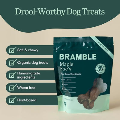 BRAMBLE Dog Treats. Plant-Based Carob & Pumpkin and Maple Bac'n, Treats for Dogs Bundle, Wheat-Free Everyday Dog Treats, All-Natural Soft & Chewy Cookies. 2 Packs 8 oz