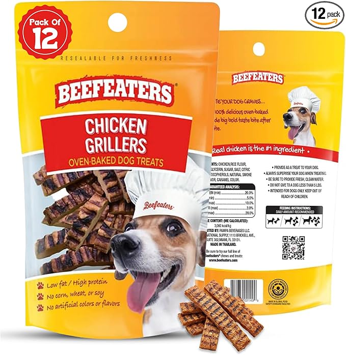 Beefeaters Chicken Grillers Dog Treats 2.22oz (Pack of 12), Real Chicken Dog Treats, Oven-Baked, Dental Health Benefits, Low Fat, High-Protein, Grain-Free, Training & Reward Treats for All Dog Sizes