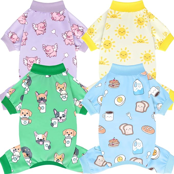 XPUDAC 4 Pack Small Dog Pajamas, Soft Comfy Dog Onesie Pjs, Cute Puppy Clothes Lightweight Pet Outfit Stretchy Pet Clothes for Boy Girl, S