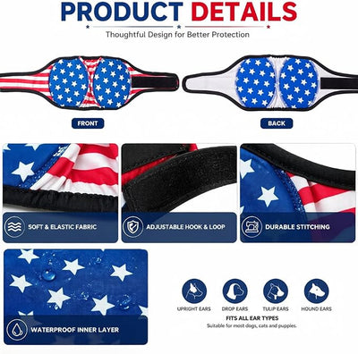 Dog Ear Muffs Noise Protection American Flag Patriotic Pet Covers Waterproof Swim Ear Protector Elastic Soft Snoods for Dogs Anxiety Relief Grooming for 4th of July (L)