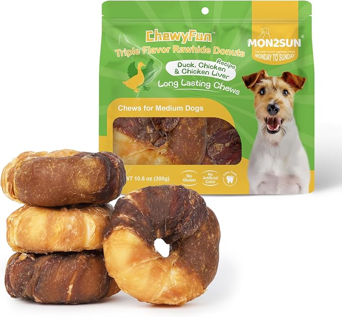 3-3.5 Inch Duck, Chicken and Chicken Liver Wrapped Rawhide Donuts Dog Treats, Long Lasting Chew Treats for Medium & Large Dogs, 10.6 oz (4 Count)