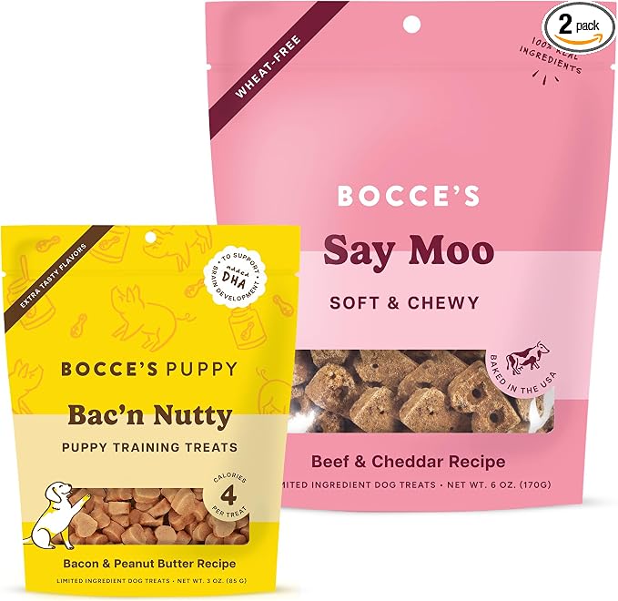 Bocce's Bakery Say Moo Cookie + Bac’n Nutty Training Dog Treat Bundle – Natural, Wheat-Free Soft & Chewy Cookies Made with Real Ingredients and Baked in The USA – 2 Pack Bundle