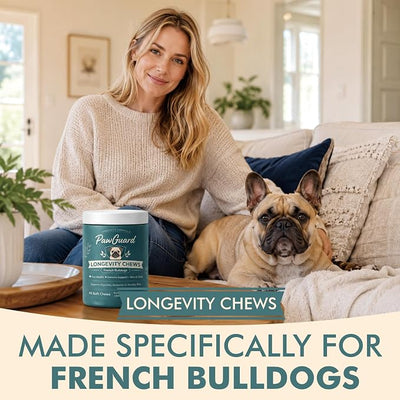 PawGuard French Bulldog Longevity Chews, Probiotics Digestive Enzymes Glucosamine and Chondroitin Soft Chews, Pork Flavor, Gut Skin Coat Immune Joint Support, 60 Count