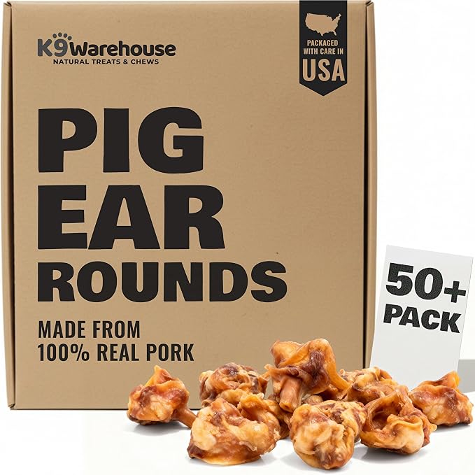 K9warehouse Premium Natural Pig Ears Rounds Packed in USA - 50 Count Pig Ears for Dogs Large - Tasty Pigs Ear Dog Treats - Bulk Pig Ears for Large/Small Dogs - Ideal Dog Pigs Ears Made for Training