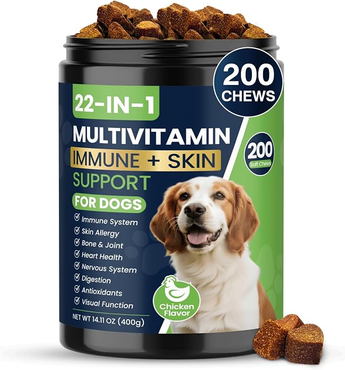 22-in-1 Dog Vitamins and Supplements 200 Chews Dog Multivitamin Chewable Containing Omega-3 Quercetin Probiotics Multivitamin for Dogs Beneficial for Joint Skin Coat Immunity Intestinal Digestion