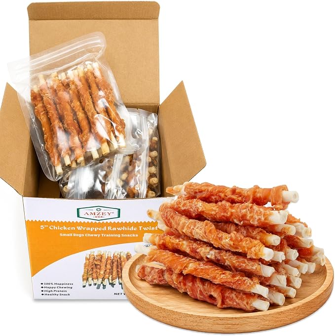 Amzey 24OZ Chicken Wrapped Rawhides Dogs Treats, Rawhide Twist Chicken Hide Sticks, Puppy Training Snacks Sticks Dog Chews, All Natural 4 Resealable Bags, Total 1.5lb