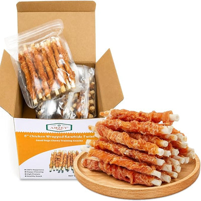 Amzey 24OZ Chicken Wrapped Rawhides Dogs Treats, Rawhide Twist Chicken Hide Sticks, Puppy Training Snacks Sticks Dog Chews, All Natural 4 Resealable Bags, Total 1.5lb