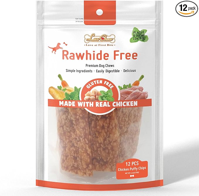 LuvChew Chicken Dog Chew Chips, Puffed Human Grade Chicken Dog Treat, Rawhide Alternative, Easy to Digest 12pcs/Pack