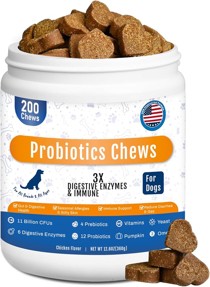 Probiotics for Dogs Dog Probiotic Chews for Yeast Itch Relief Ears Skin Coat, Gut Digestive Health & Immune Support with 11Billion CFU Probiotics, 6 Enzymes, 4 Prebiotics, Pumpkin, 200ct