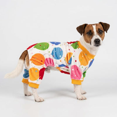 Fitwarm Balloon Dog Fleece Pajamas, Birthday Outfit for Small Dogs Boy Girl, Cozy Pet Onesie with Feet, White, Yellow, Red, Blue, Green, Small