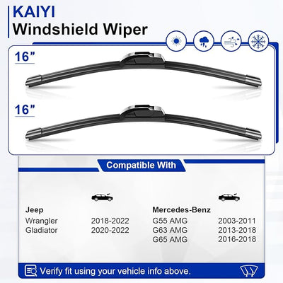 KAIYI 16" + 16" Windshield Wipers Compatible with Jeep Wrangler 2018-2022,Gladiator 2020-2022,Mercedes-Benz G55 AMG 2003-2011 Premium Automotive Replacement Windshield Wiper Blades 2 Pack