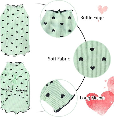 Pet Clothes for Small Dogs Cat Summer Fall Heart Print Shirt Stretchable Ruffle Long Sleeve Outfits for Chihuahua Schnauzer Shih Tzu Yorkie (Green, X-Small)