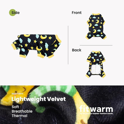 Fitwarm Moon and Stars Dog Fleece Pajamas, Cozy Winter Clothes for Small Dogs Boy Girl, Funny Pet Outfit, Black, Yellow, Medium