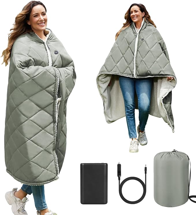 Heated Blanket Battery Operated,Portable Heated Throw Shawl Poncho(Grey with Hood,50''X70'')