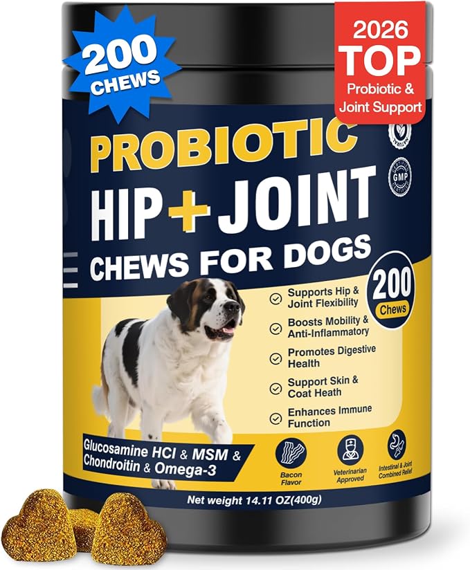 Hip and Joint Supplement for Dogs Probiotics Glucosamine Chondroitin MSM Chew for Dog Arthritis Pain Relief Extend Joint Care, Probiotic for Digestive/Gut Health for Large/Small/Senior Dogs- Bacon