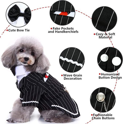 QBLEEV Dog Tuxedo Suit with Bow Tie, Formal Black & White Striped Dog Costume Outfit, Doggy Tux Prince Dress for Wedding Party Birthday Holiday, Elegant Dogs Attire for Maltese Dachshund Corgi Beagle