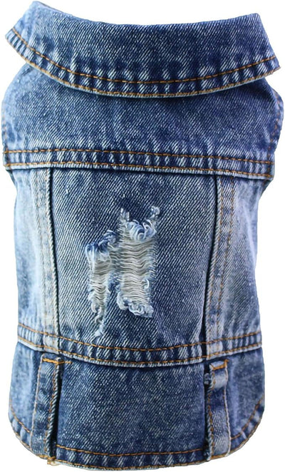 Vintage Washed Denim Dog Jeans Jacket for Small Medium Dogs & Cats - Dark Blue Lapel Vests with Scratch-Resistant Design