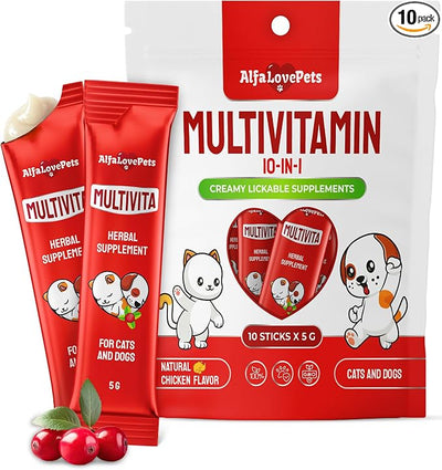 Dog Vitamins for All Pets – Creamy Squeezable B, C, D Cat Vitamins with Glucosamine for Fur, Joints, Digestion, Urination, Vision – Lickable Multivitamin for Dogs with Chicken Flavor – 10 Sticks