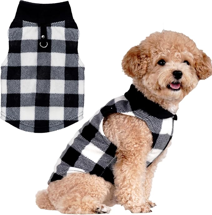 1 PC Plaid Dog Sweaters with Leash Ring Soft Fleece Vest Dogs Pullover Warm Jacket Pet Dogs Clothes Winter Dog Outfits for Small Puppy Cat Pets (Black and White, Small)