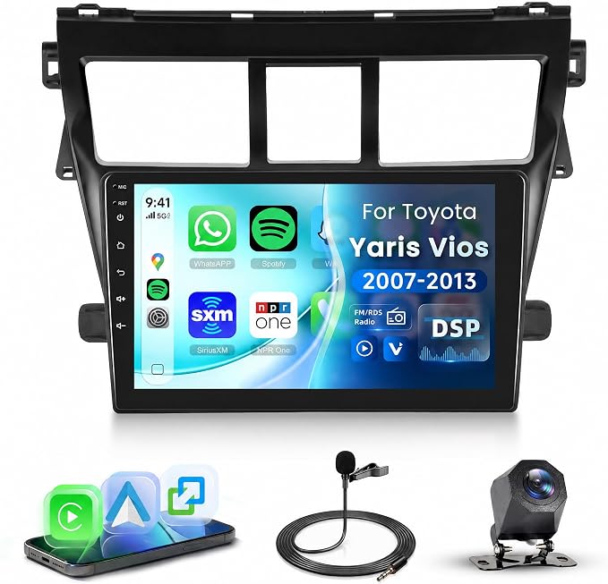 Rimoody 9 Inch Car Stereo for Toyota Yaris Vios 2007-2013, Wireless CarPlay Android Auto MP5 Player with IPS Touchscreen Bluetooth FM/RDS DSP Vi-Link You-Tube Mirror Link, Backup Camera SWC