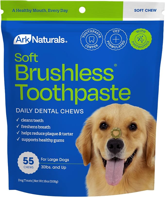 Soft Brushless Toothpaste for Large Breeds, 18 oz Bag, Soft-Baked Dog Dental Chew with Toothpaste Center, Freshen Breath, Reduce Plaque & Tartar
