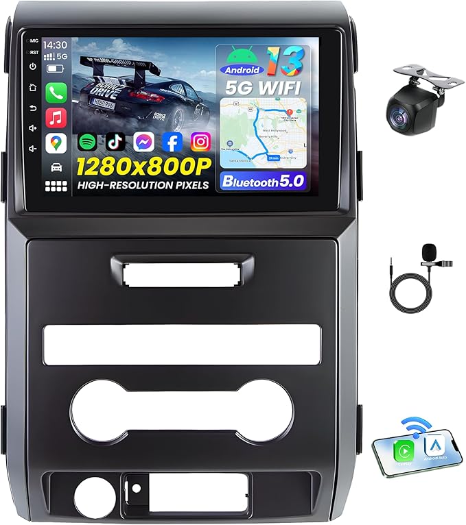 Car Radio for Ford F150 2009-2014: [4Core 64G ROM] 9 inch HD Touchscreen Stereo with Wireless CarPlay Android Auto GPS 5G WiFi FM RDS DSP SWC Mirror Link, Free Backup Camera (Only fit Manual AC)