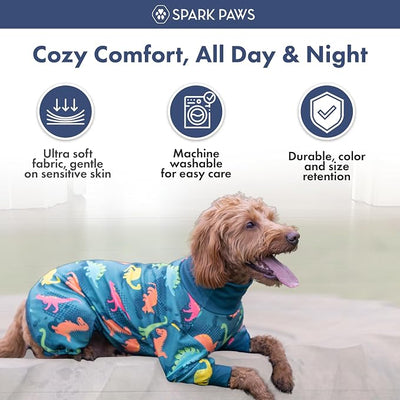 Spark Paws Dog Pajama, Dog Recovery Suit Male, Onesie, Ultra-Soft and 4-Way Stretch, for Small Medium and Large Breeds - Dinosaurs - S
