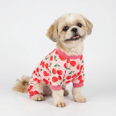 Fitwarm Cute Cherry Dog Pajamas, Warm Dog Onesie with Feet, Dog Clothes for Small Dogs Girl, Fleece Pet Outfit, Pink, Red, Small