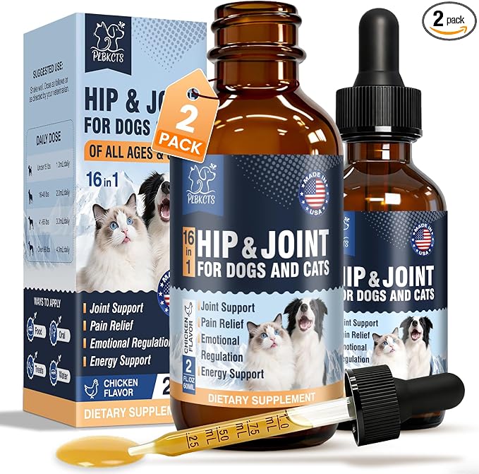16-In-1 Glucosamine for Dogs & Cats Liquid Hip & Joint Supplement Type II Collagen Drops with Chondroitin+MSM+Hyaluronic Acid for Pain Relief Helps Mobility All Breeds Made in US Chicken Flavor 120ml