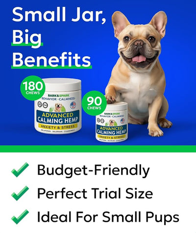 BARK&SPARK Advanced Calming Chews for Dogs - Separation Anxiety Relief for Dogs w/Hemp Oil + Melatonin - Relief During Fireworks, Storms - Aggressive Behavior, Barking, Stress Aid - 90Chews