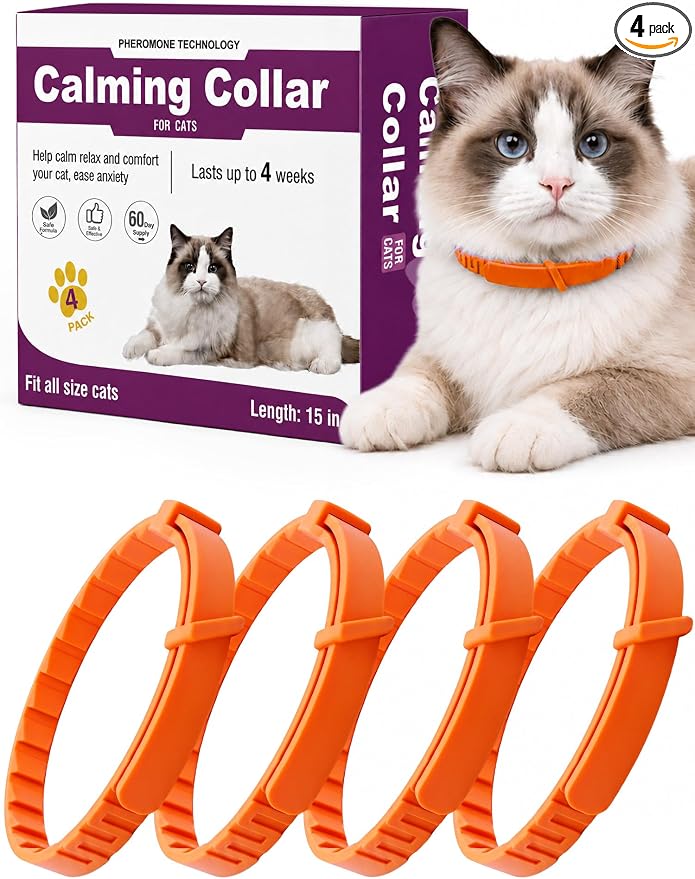 Calming Collar for Cats, 4 Pack – Adjustable Cat Calming Collars for Anxiety Relief, Reduces Stress, Bad Behavior, Breakaway Waterproof Pheromone Collar for Cats & Small Puppy (Orange, Small)