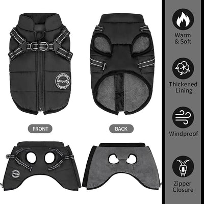 Warm Dog Winter Coat, Windproof Dog Cold Weather Jacket, Reflective & Adjustable Black Pet Vest with Harness, Thick Polar Fleece Lining Cozy Apparel for Small Medium Cats