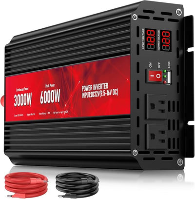 3000W Power Inverter 12V DC to 110V/120V AC, 6000W Peak Car Inverter with 2 AC Outlets, 2.4A USB Port & LCD Display, Portable Backup Power Converter for RV, Truck, Solar, Camping, Off-Grid & Emergency