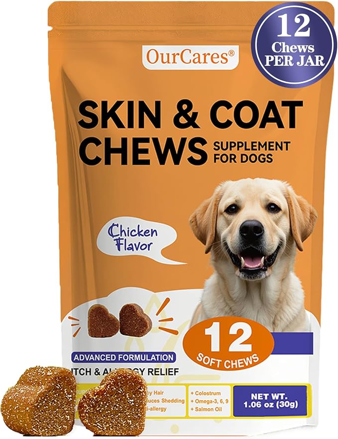 Skin and Coat Supplement for Dogs, Omega 3 Fish & Salmon Oil with EPA & DHA, Colostrum Support Skin & Coat Healthy, Itchy Dog Allergy May Reduce Shedding, Chicken Flavor, 12 Ct