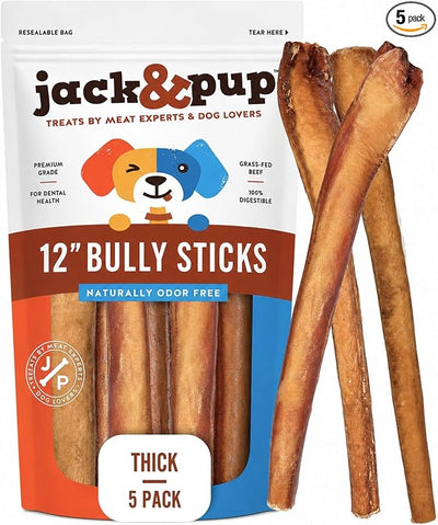 Jack&Pup 12 Inch Bully Sticks for Large Dogs (5 Pack) Thick Odor Free Bully Sticks, Long Lasting Pizzle Sticks for Dogs