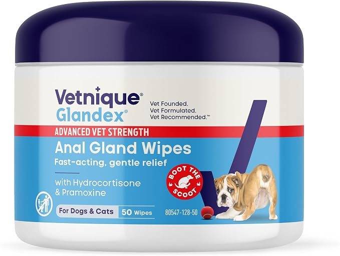 Vetnique Glandex Medicated Anal Gland Anti Itch Dog Butt Wipes Skin Relief to Soothe Scooting, Itching & Inflamed Glands, Hydrocortisone & Pramoxine Soft Cotton Wipes (50ct Wipes)