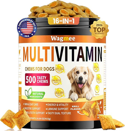 Dog Vitamins and Supplements, 16-in-1 Dog Multivitamin Soft Chews, Daily Nutrition Support for Energy, Heart, Skin & Coat, Digestion, with Taurine, Omega 3, Zinc & B Vitamins, 500 Ct for All Breeds
