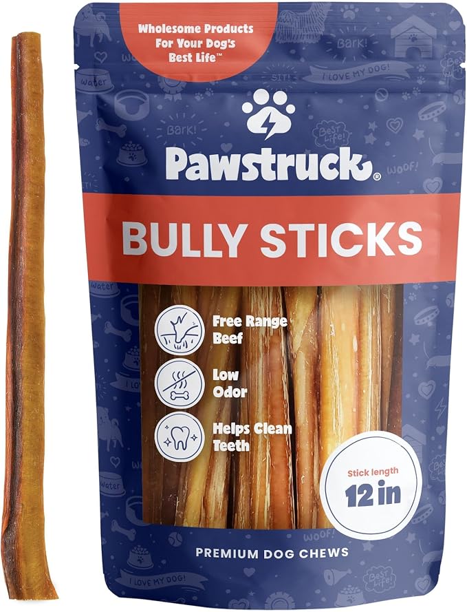 All-Natural 12" Bully Sticks for Dogs - Long Lasting, Rawhide-Free, Low Odor & Grain-Free Dental Chew Treat - Healthy Single Ingredient, 100% Real Beef - 1 lb Bag
