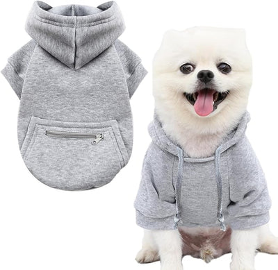 Jecikelon Dog Hoodies for Small Dogs with Zipper Pocket, Soft Fleece Puppy Clothes with Rope Hat, Warm Winter Outfits Cold Weather Coats, Cute Sweatshirt Chihuahua Costume (XX-Small, Y02-Grey)