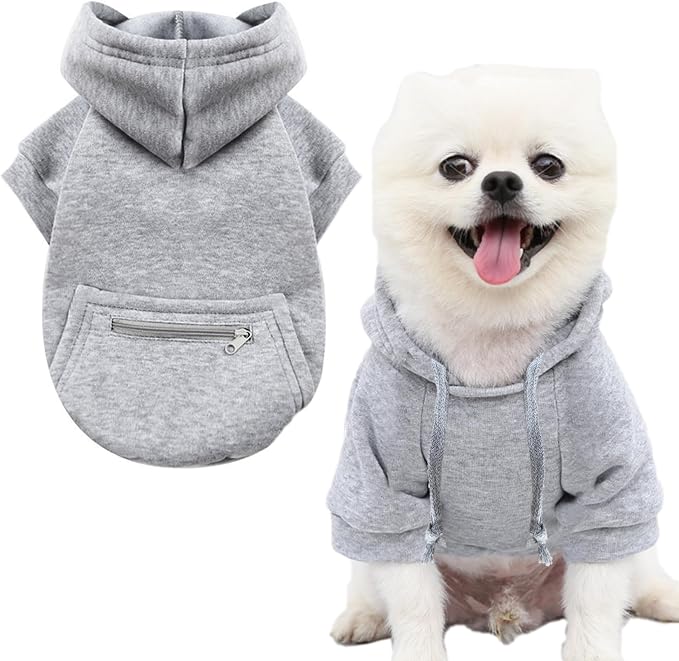 Jecikelon Dog Hoodies for Small Dogs with Zipper Pocket, Soft Fleece Puppy Clothes with Rope Hat, Warm Winter Outfits Cold Weather Coats, Cute Sweatshirt Chihuahua Costume (Medium, Y02-Grey)