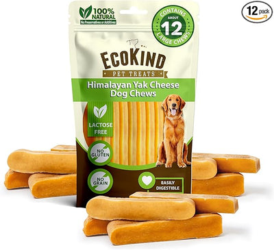 EcoKind Yak Cheese Himalayan Dog Chews, Yak Chews for Large Dogs, Long Lasting Bone for Aggressive Chewers, Only 3 Ingredients, Natural High Protein Dog Treats, No Additives, Large - 12+ Chews (3 lbs)