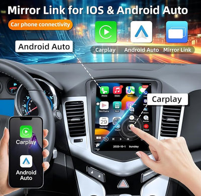 8 Core+4G RAM Android 13 Car Radio for Chevrolet Chevy Cruze 2009-2015: 10.4 Inch Touch Screen Tesla Style Stereo with CarPlay Android Auto 5G WiFi GPS Bluetooth FM/RDS SWC Backup Camera +Mic