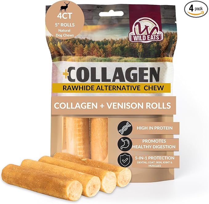 Venison Flavor Collagen Retriever Style Cheek Rolls 5" Dog Chews-4 Pack (Long Lasting Dog Chews Treats & Bones for Medium Dogs) Substitute for Pig Ears for Dogs