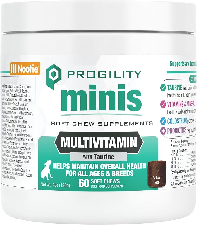 Progility Mini Daily Multivitamin for Small Dogs – Helps Support Immune, Heart, Eye, Brain & Gut Health with Taurine, Soft Chews with Probiotics (60 Count)