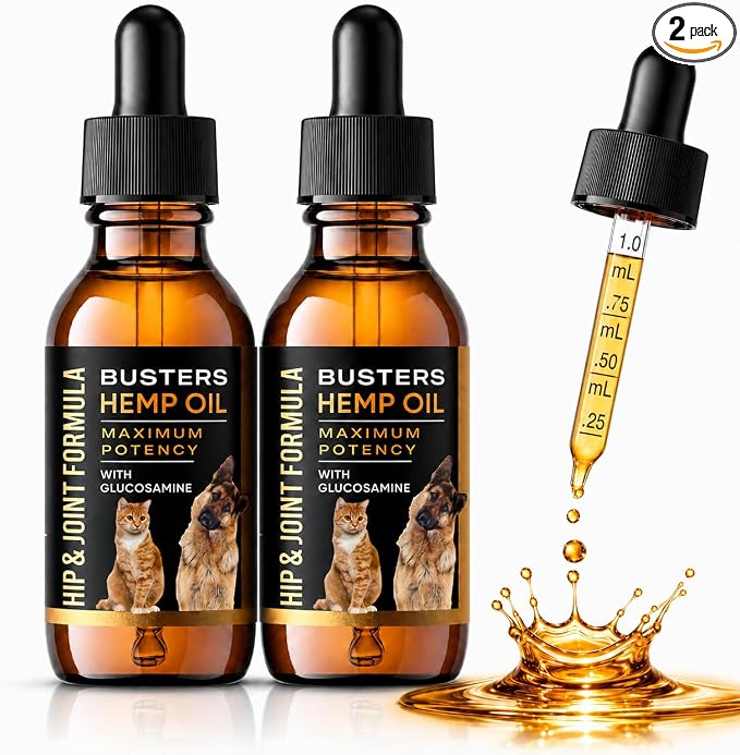 Busters Hemp Oil for Dogs with Glucosamine 2-Pack Dual-Action Joint Support + Calming,100mg Glucosamine + Organic Hemp Oil with Omega 3 6 9 — Bacon Flavor, Third-Party Lab Tested — Made in USA