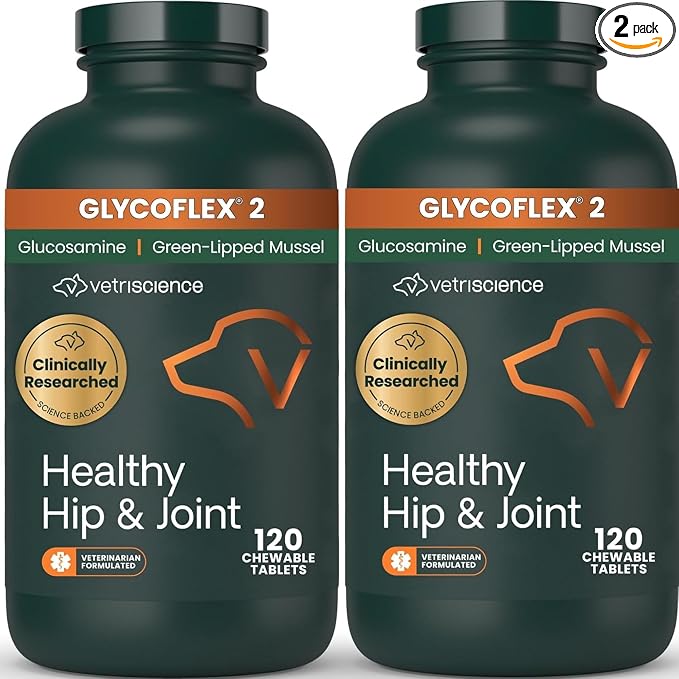 VetriScience Healthy Hip & Joint Chewable Tablets, GlycoFlex2 Glucosamine and Green-Lipped Mussel Joint Support Supplement for Dogs, Promote Mobility and Protect Joints, Chicken, 120 Count, 2 Pack
