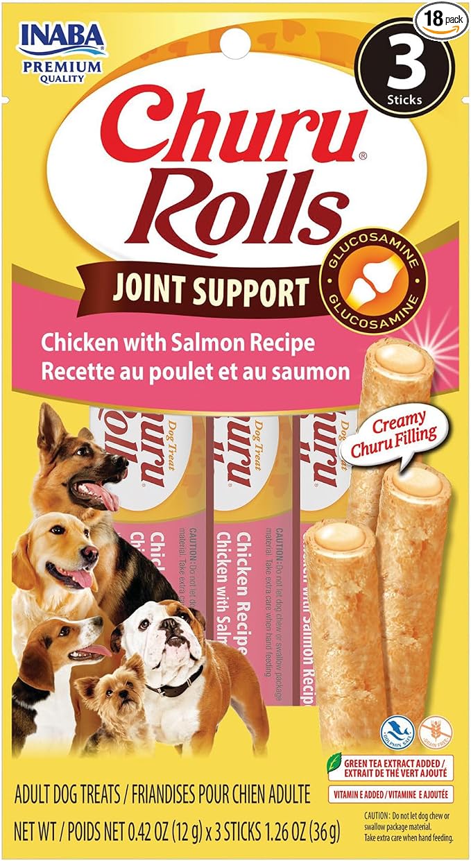 Churu Rolls Joint Support for Dog, Functional Lickable Dog Treat with Taurine & Green Tea Extract, 1.26oz Each, 18 Tubes Total, Chicken with Salmon Recipe